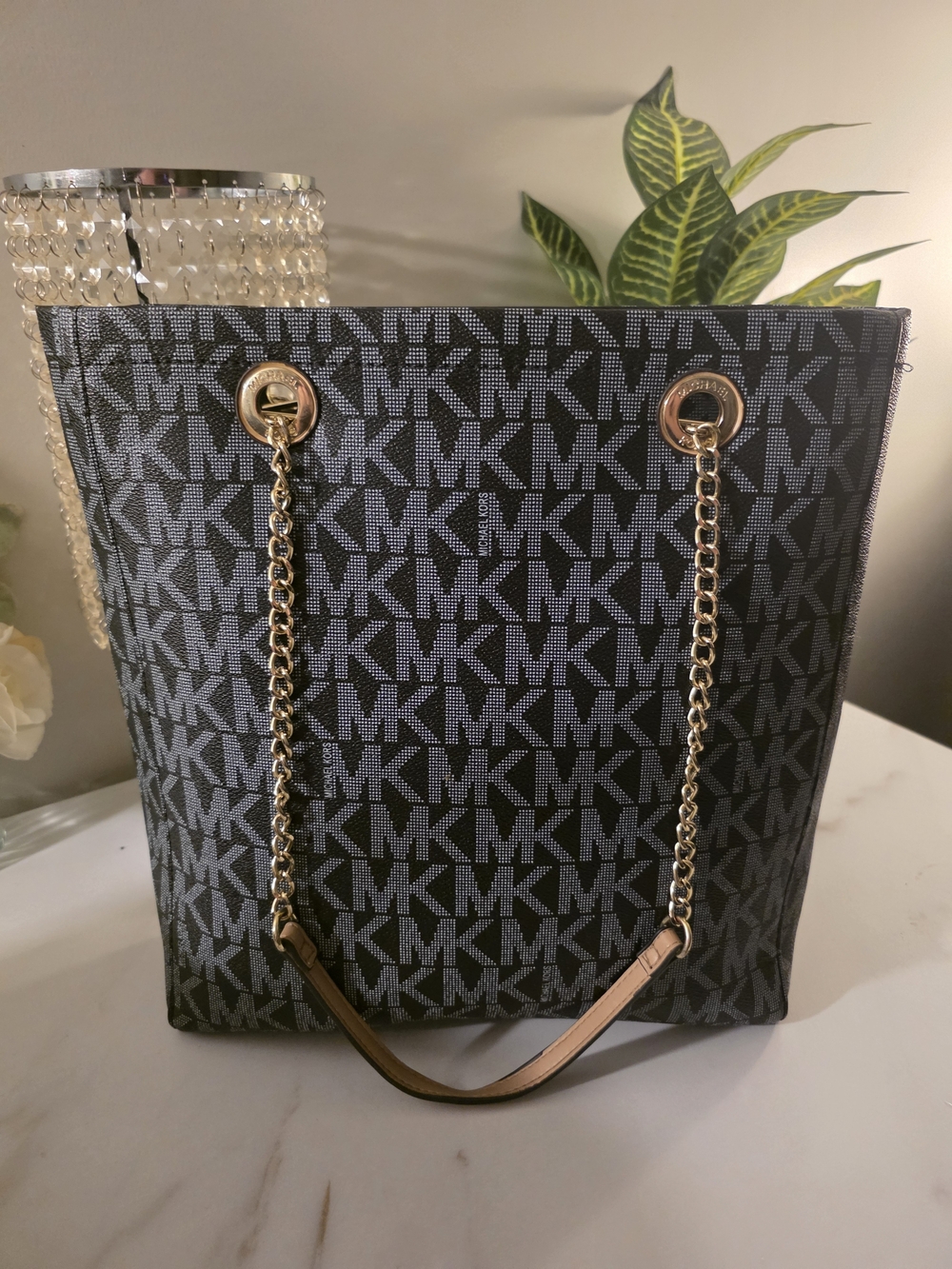 Michael Kors Black MK Logo Tote with Gold Hardware and Brown Handel  Straps - Picture 3 of 3